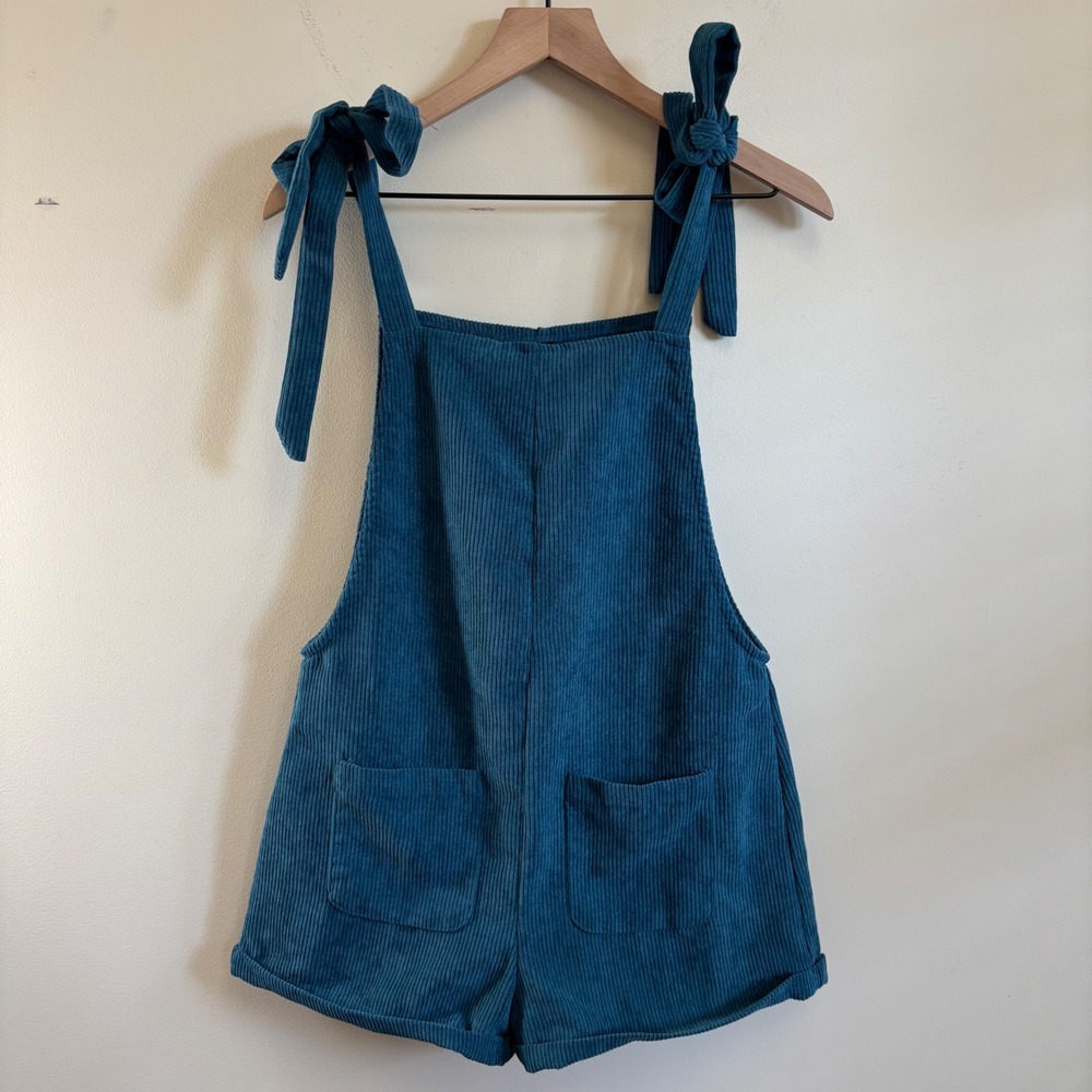 Shein Teal Blue Corduroy Tie Shoulder Overall Shorts Romper XS